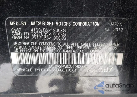 2013 Mitsubishi Lancer Se from USA, damaged, VIN JA32V2FW8DU006238